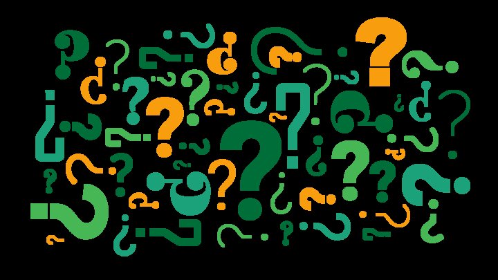 Grafika prezentująca chmurę znaków zapytania w różnych rozmiarach i kolorach.